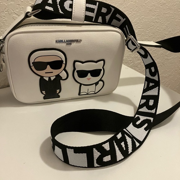 Karl Lagerfeld Paris White Camera Bag with Cat Graphic & Guitar Strap - Picture 2 of 9
